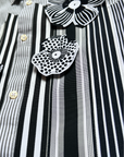Bloom Box Crop – Grey Stripe with Black & White Ribbon & Floral Appliqué