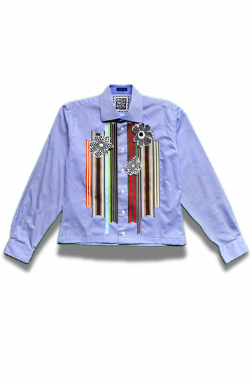 Bloom Box Crop – Blue Stripe with Multicolor Ribbon & Floral Appliqué