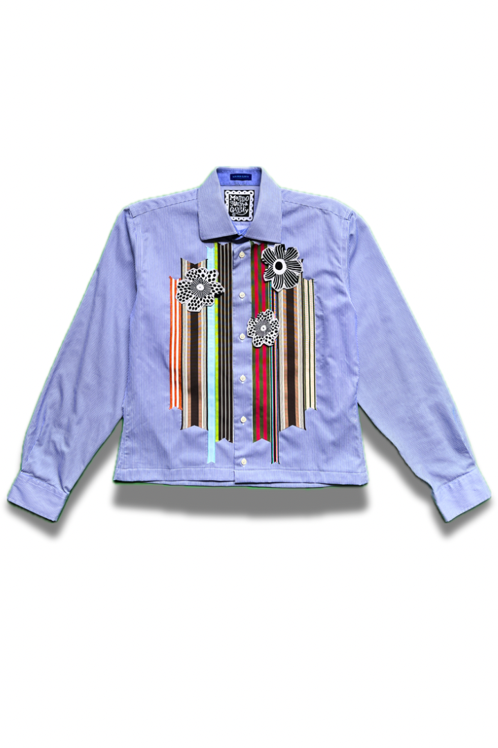 Bloom Box Crop – Blue Stripe with Multicolor Ribbon & Floral Appliqué