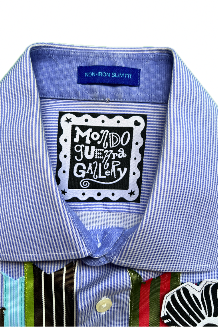 Bloom Box Crop – Blue Stripe with Multicolor Ribbon & Floral Appliqué