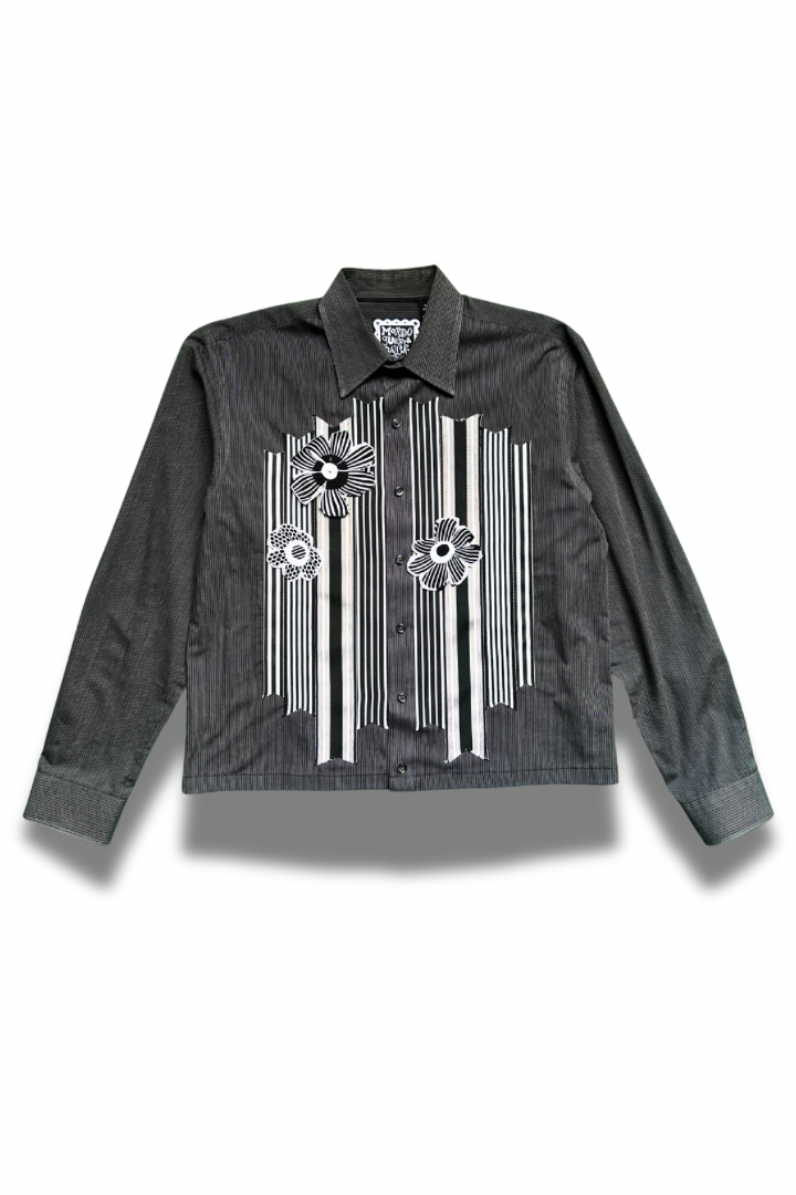 Bloom Box Crop – Charcoal Stripe with Black & White Ribbon & Floral Appliqué