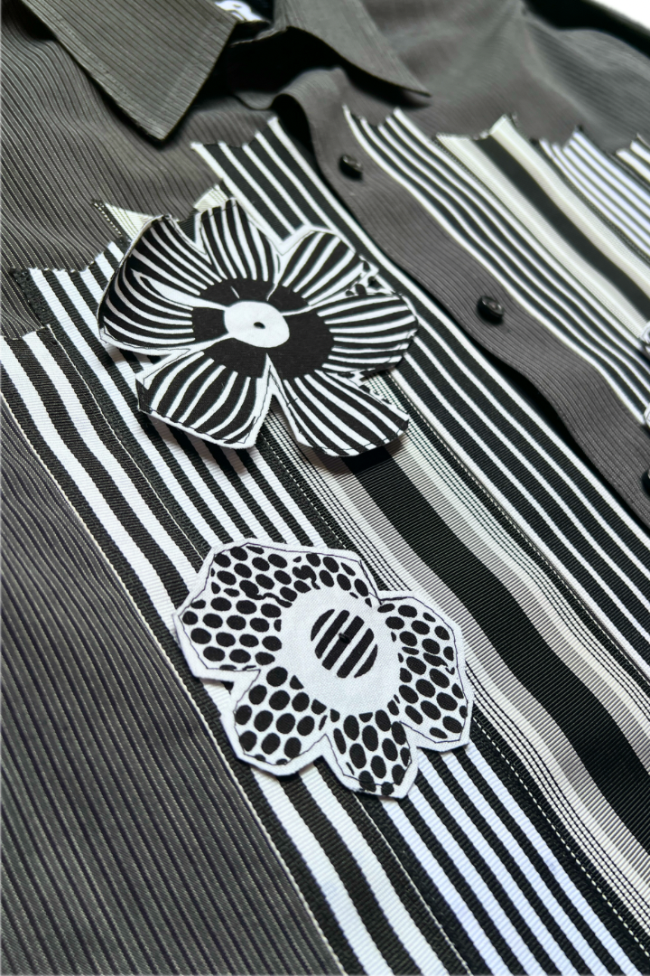 Bloom Box Crop – Charcoal Stripe with Black & White Ribbon & Floral Appliqué