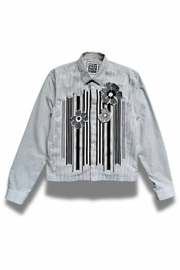 Bloom Box Crop – Grey Stripe with Black & White Ribbon & Floral Appliqué