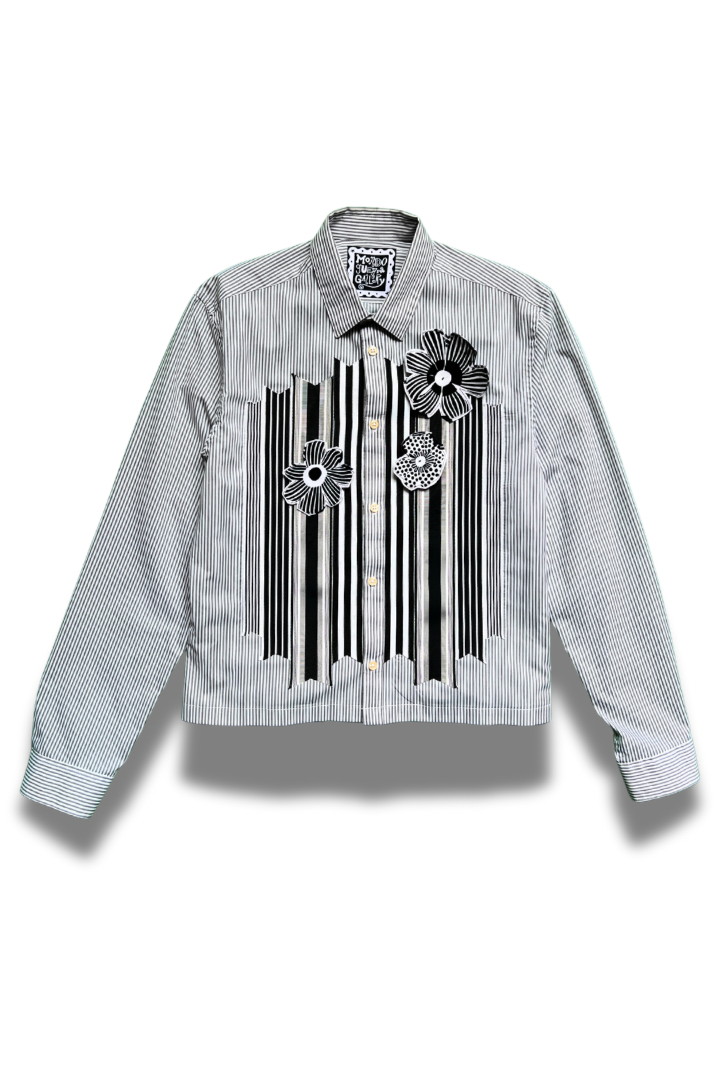 Bloom Box Crop – Grey Stripe with Black & White Ribbon & Floral Appliqué