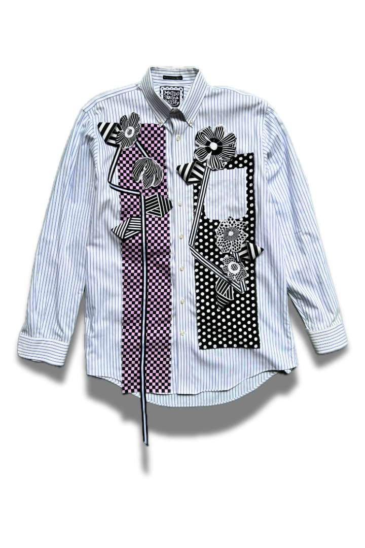 Gallery Pocket Shirt – Blue & White Stripe with Pink Checker Ribbon