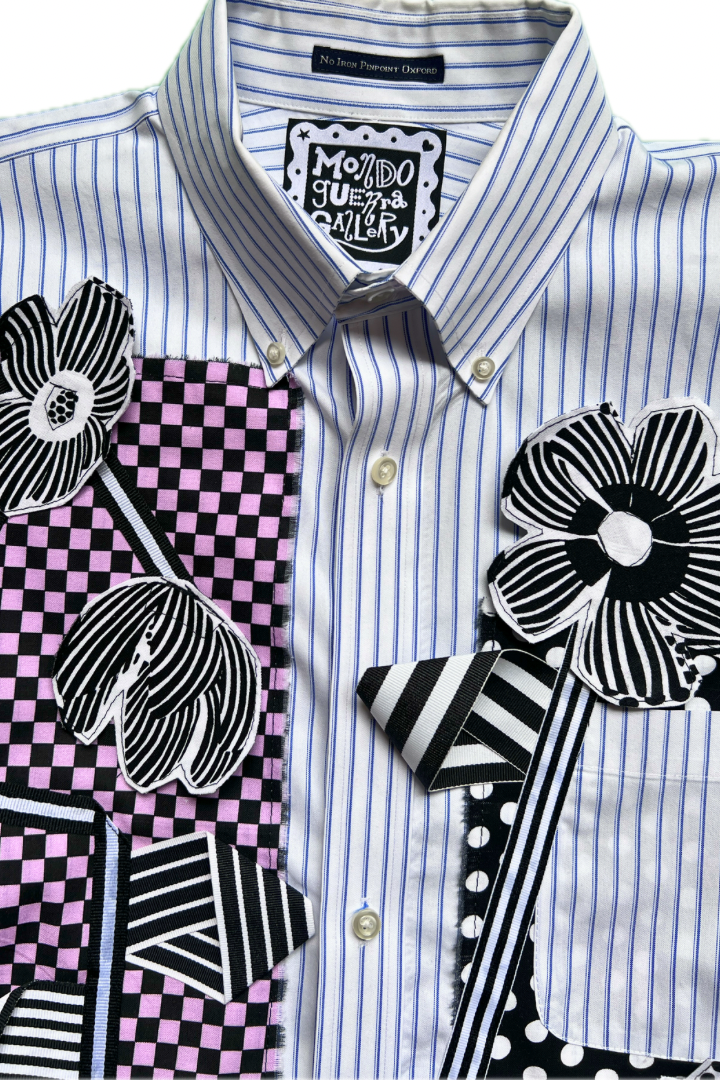 Gallery Pocket Shirt – Blue & White Stripe with Pink Checker Ribbon