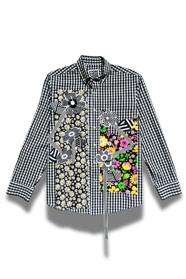 Gallery Pocket Shirt – Black & White Checker with Neon Flower Appliqué