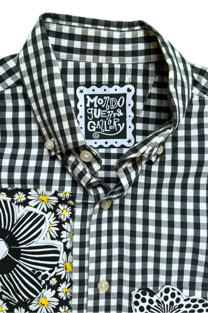 Gallery Pocket Shirt – Black & White Checker with Neon Flower Appliqué