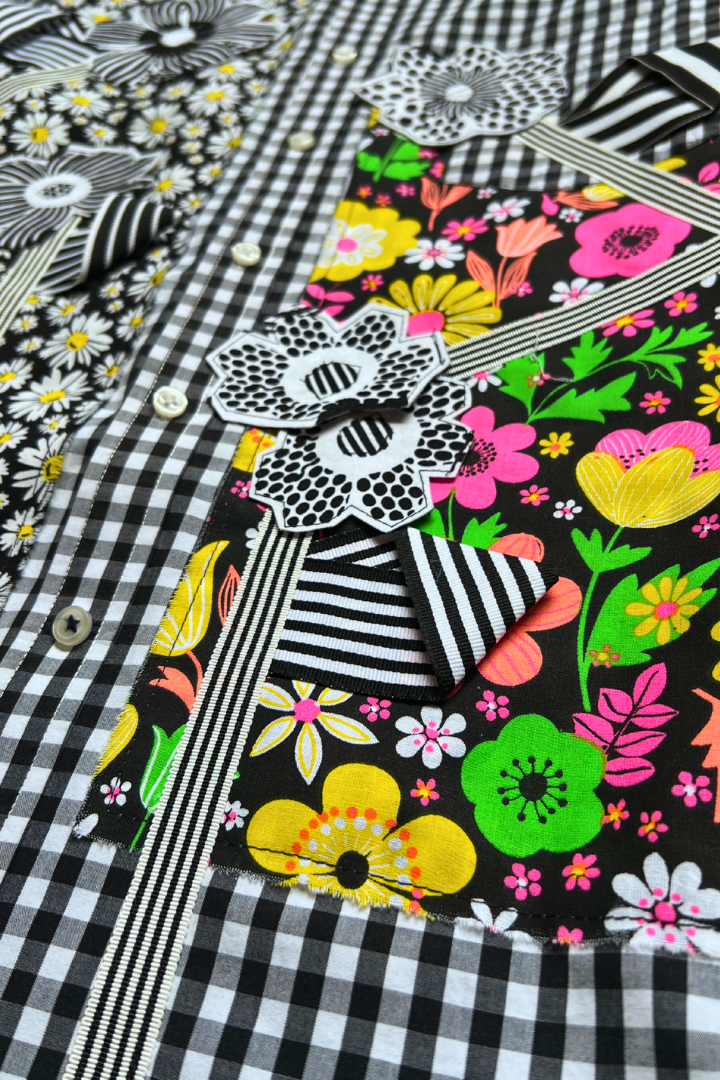 Gallery Pocket Shirt – Black & White Checker with Neon Flower Appliqué