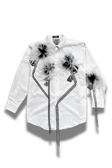 Ostrich Bloom Shirt – White with Custom Feather Pompoms