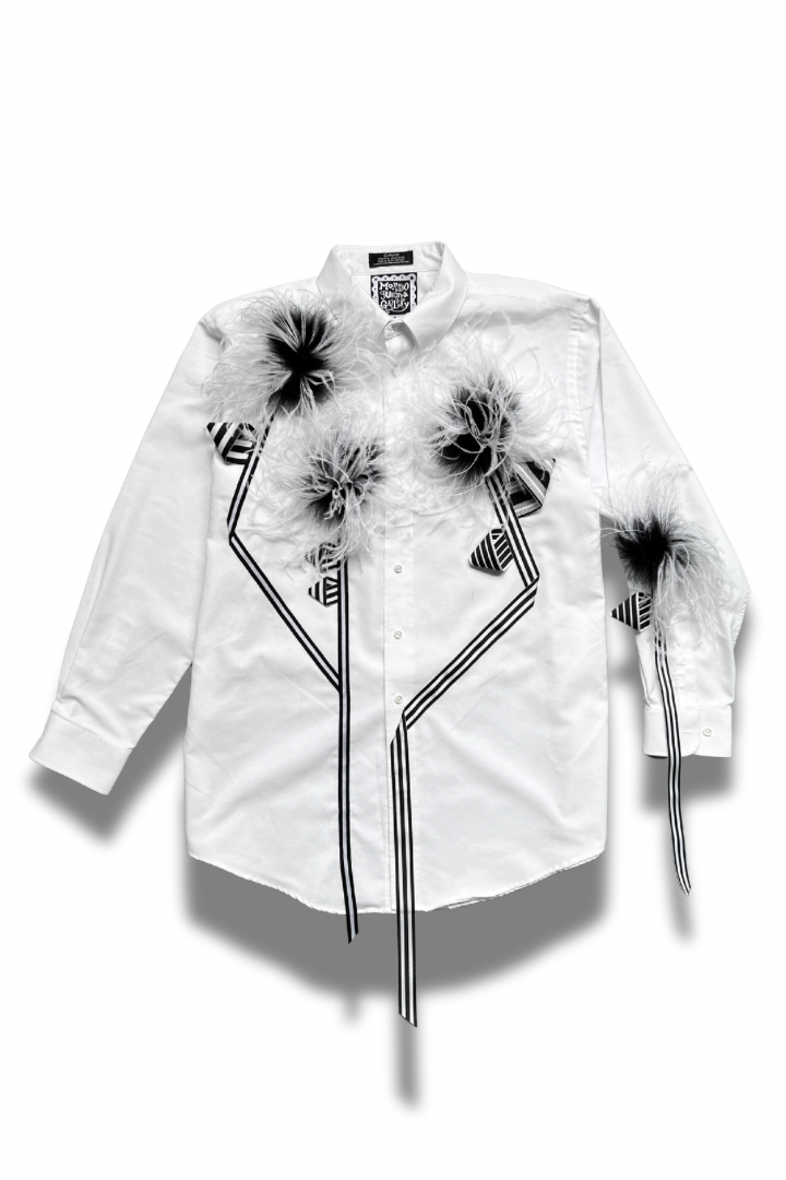Ostrich Bloom Shirt – White with Custom Feather Pompoms