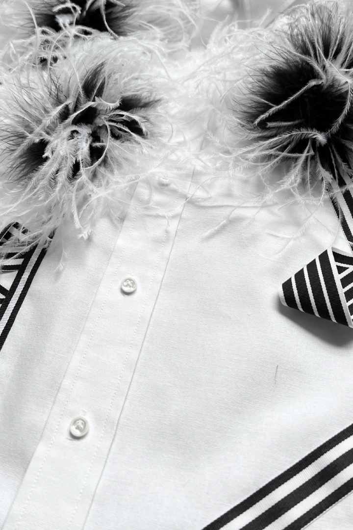 Ostrich Bloom Shirt – White with Custom Feather Pompoms