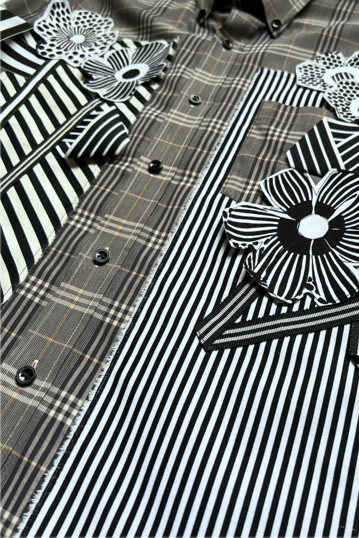 Gallery Pocket Shirt – Grey Plaid with Ribbon & Texture Detail