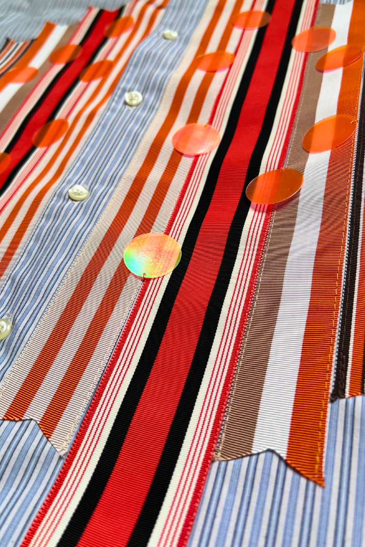 Sparkle Box Crop – Blue Stripe with Orange Ribbon & Paillettes